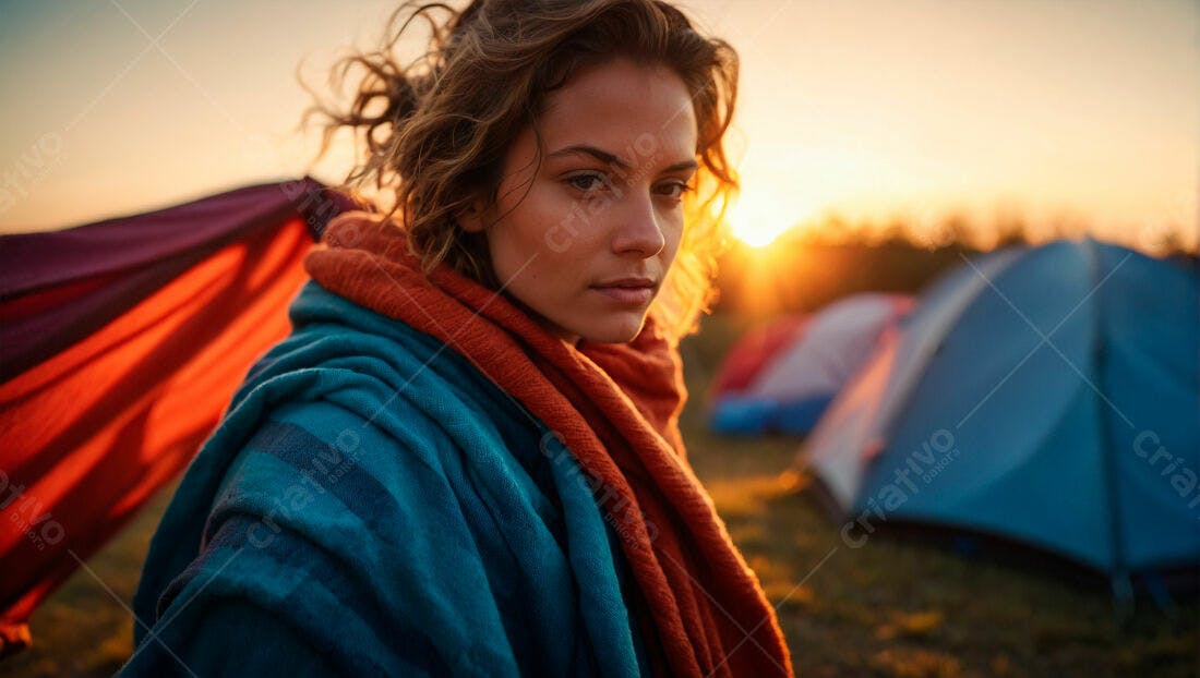 Mulher em camping ao pôr do sol