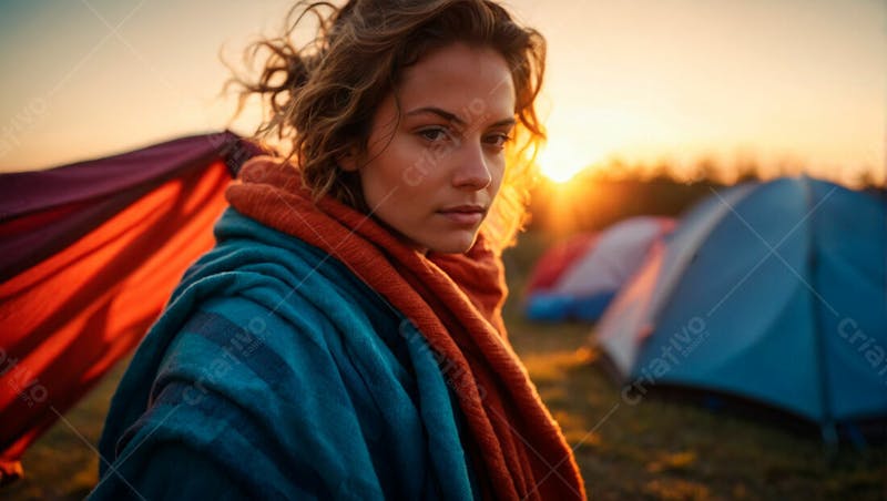 Imagem grátis mulher loira por do sol em acampamento com barracas