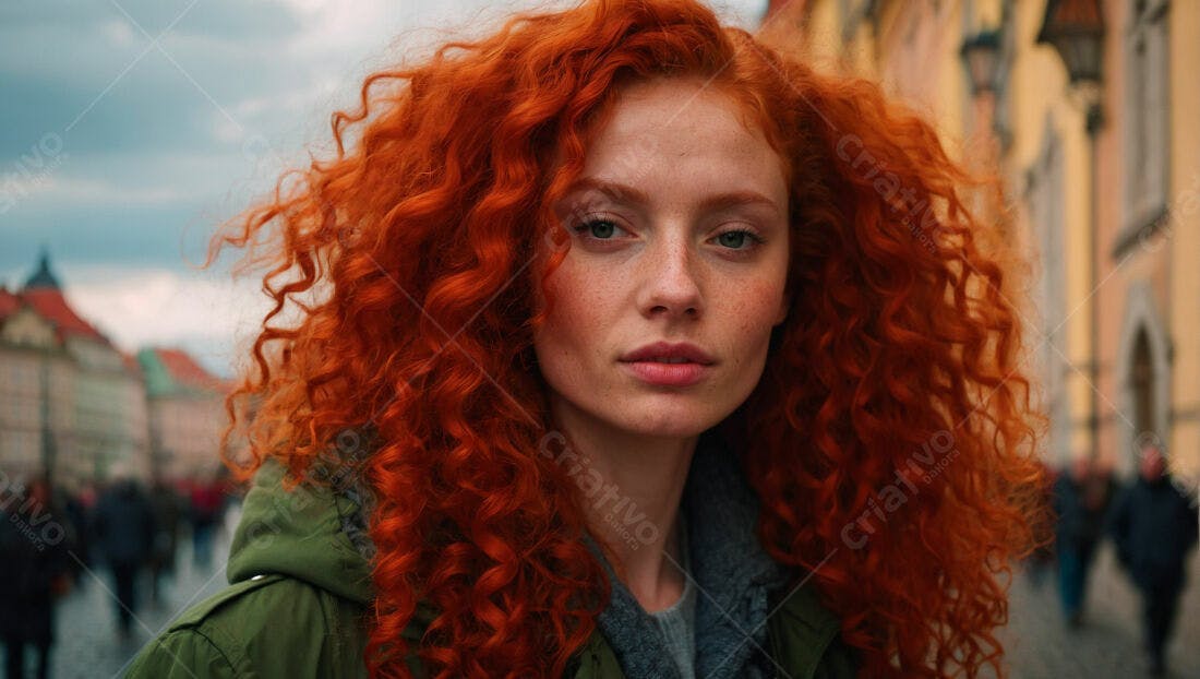 Mulher ruiva cabelo cacheado cidade