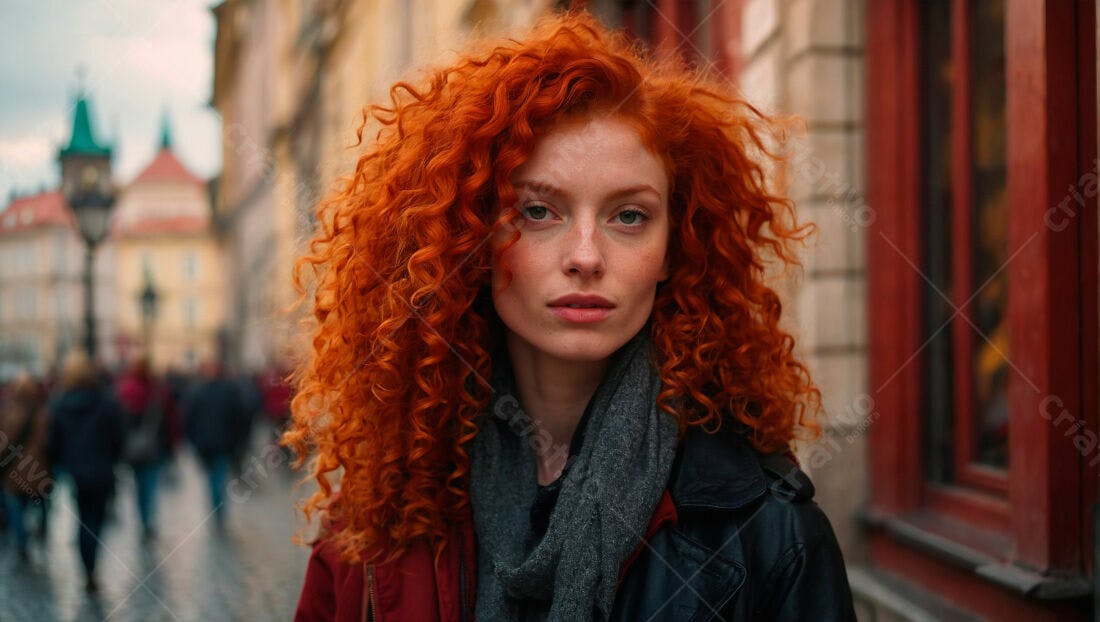 Mulher ruiva em rua europeia