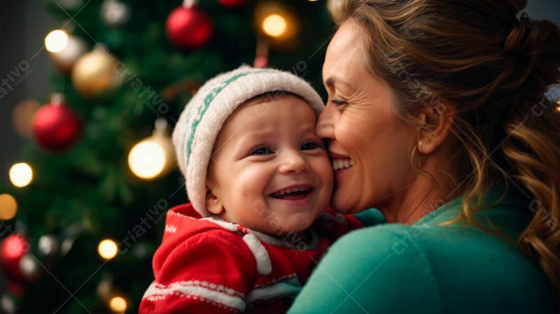 Mãe e filho perto de árvore de natal