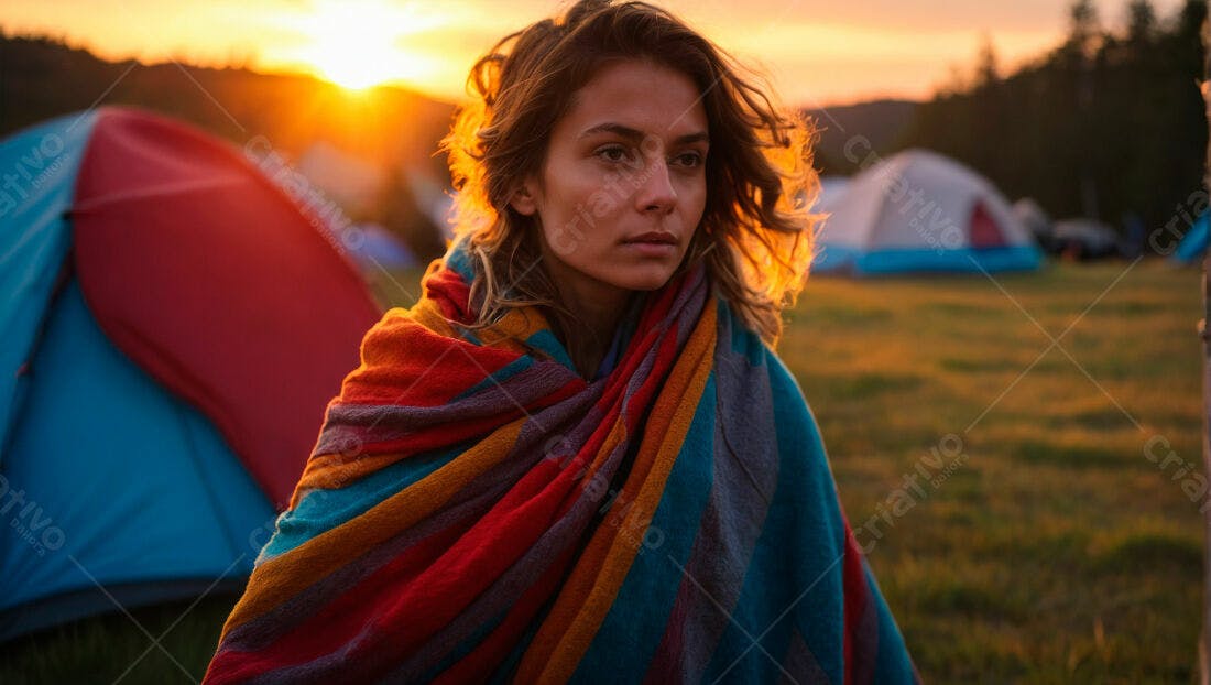 Mulher em Camping ao Pôr do Sol