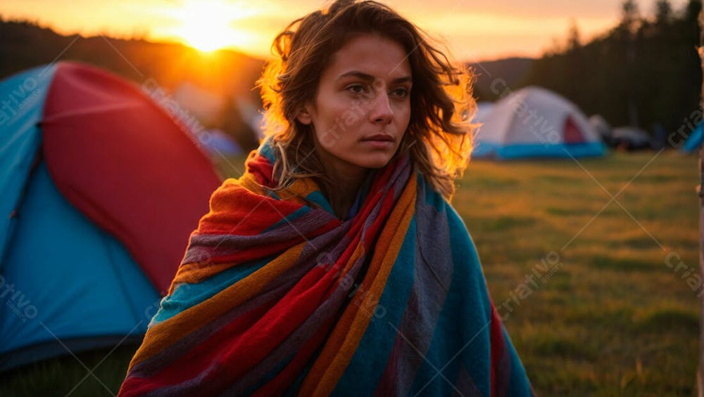 Mulher Loira Em Acampamento Cercada Por Barracas