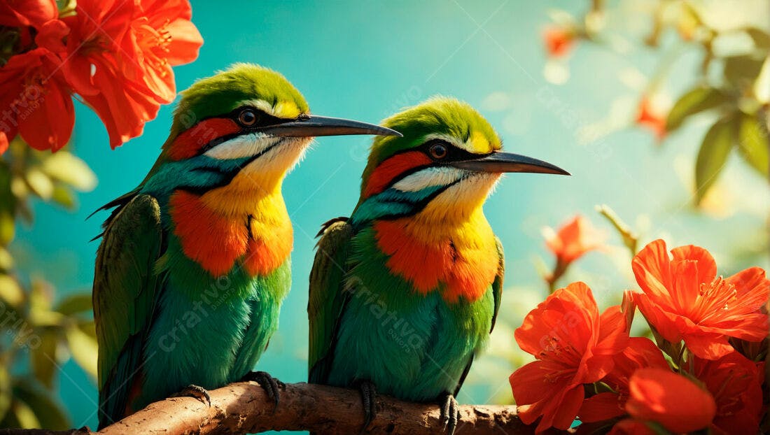 Aves coloridas em galho com flores laranja