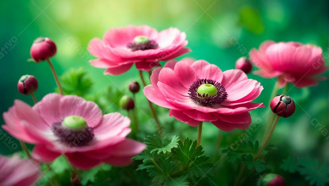 Flores Rosas em Jardim Verdejante