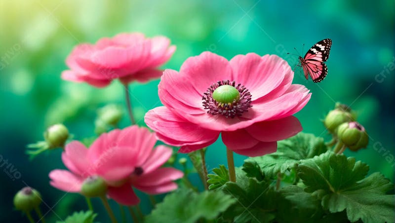Imagem grátis borboleta pousando em anêmonas flor rosa