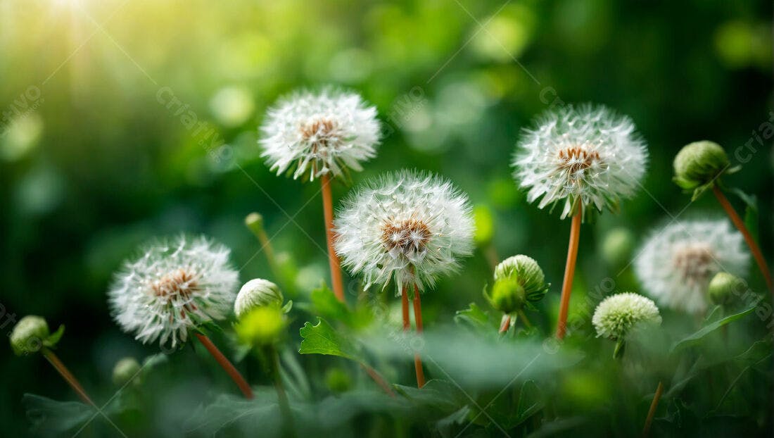 Plantas de dente-de-leão em campo verde