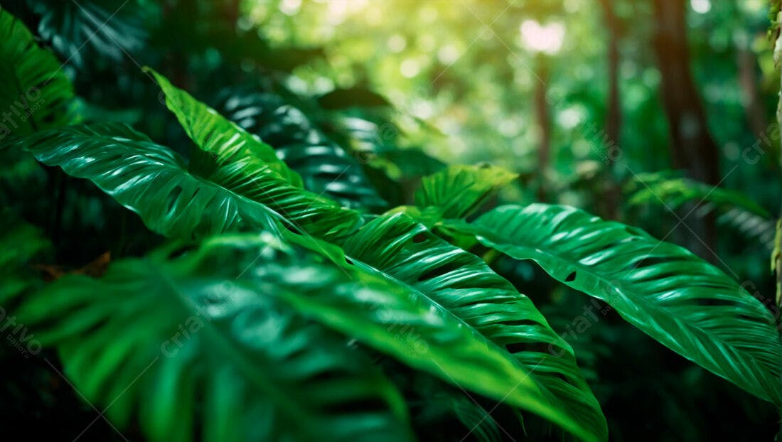 Folhas verdes exuberantes em floresta tropical