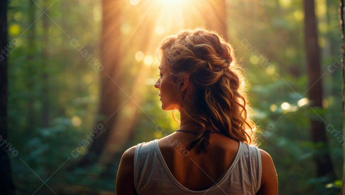 Mulher loira em floresta ao entardecer