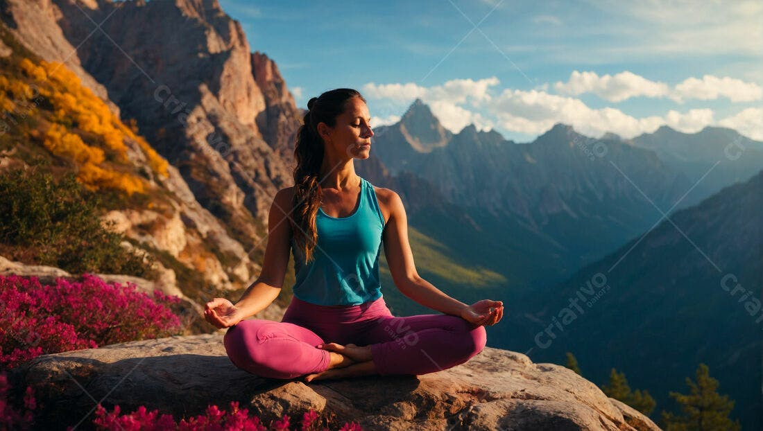 Mulher meditando em montanha ao entardecer