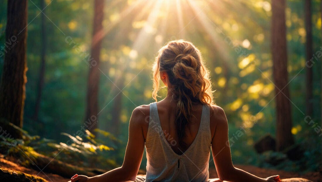 Mulher meditando floresta ao amanhecer