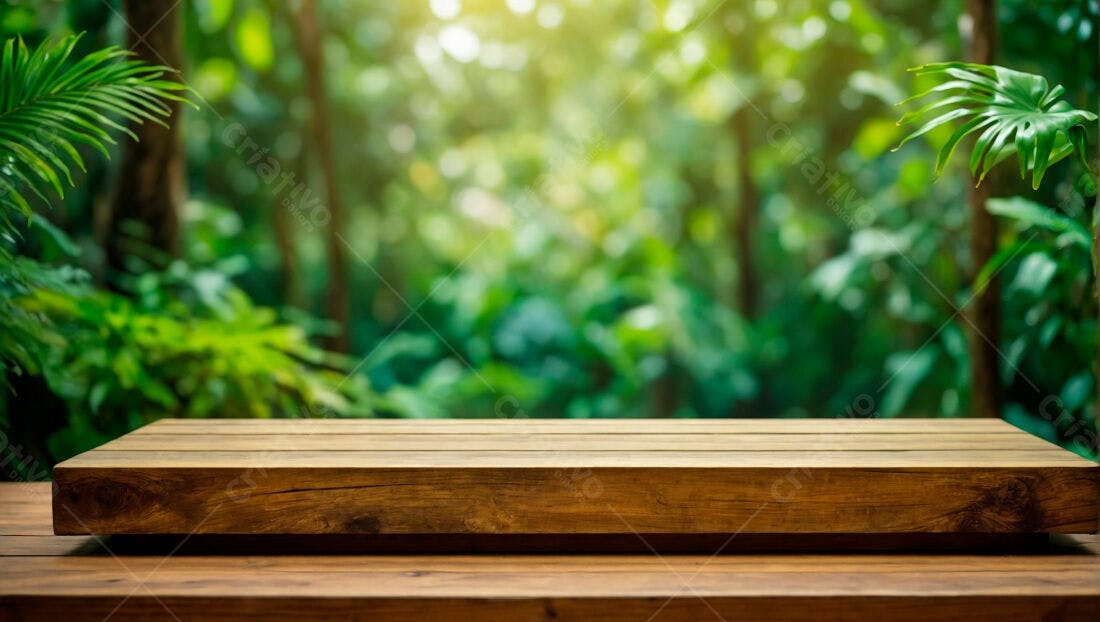 Mesa de madeira em floresta tropical exuberante