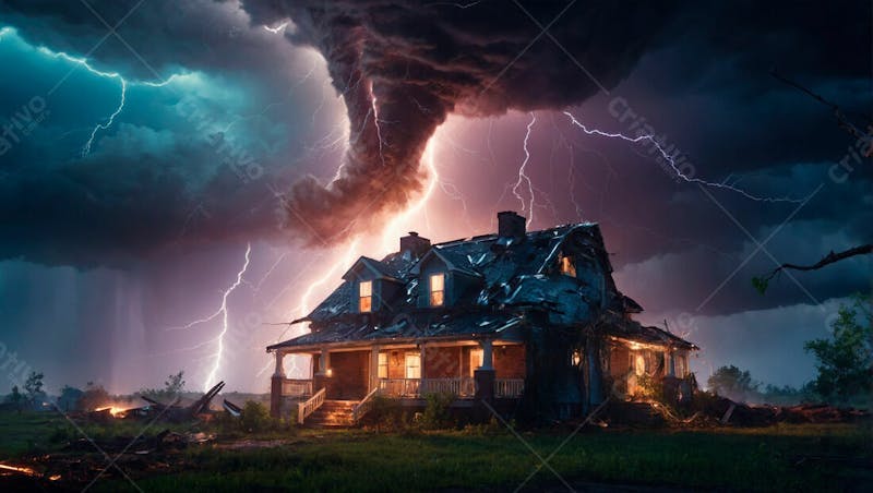 Imagem grátis tornado e raios sobre casa