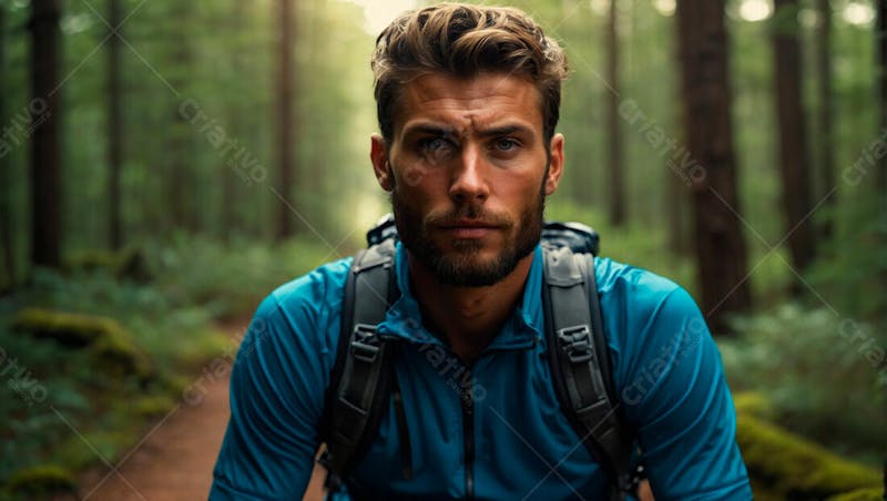 Homem ciclista na floresta