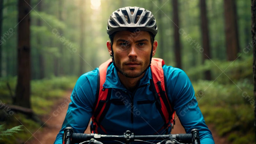 Imagem De Um Ciclista Com Capacete Na Floresta