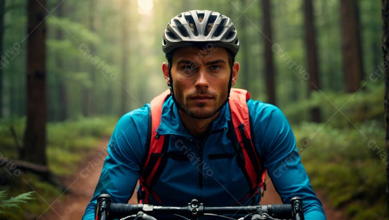 Imagem de um ciclista com capacete na floresta