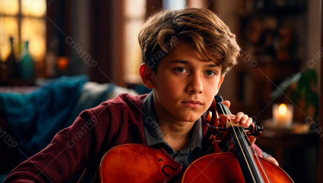Menino com violoncelo em ambiente aconchegante