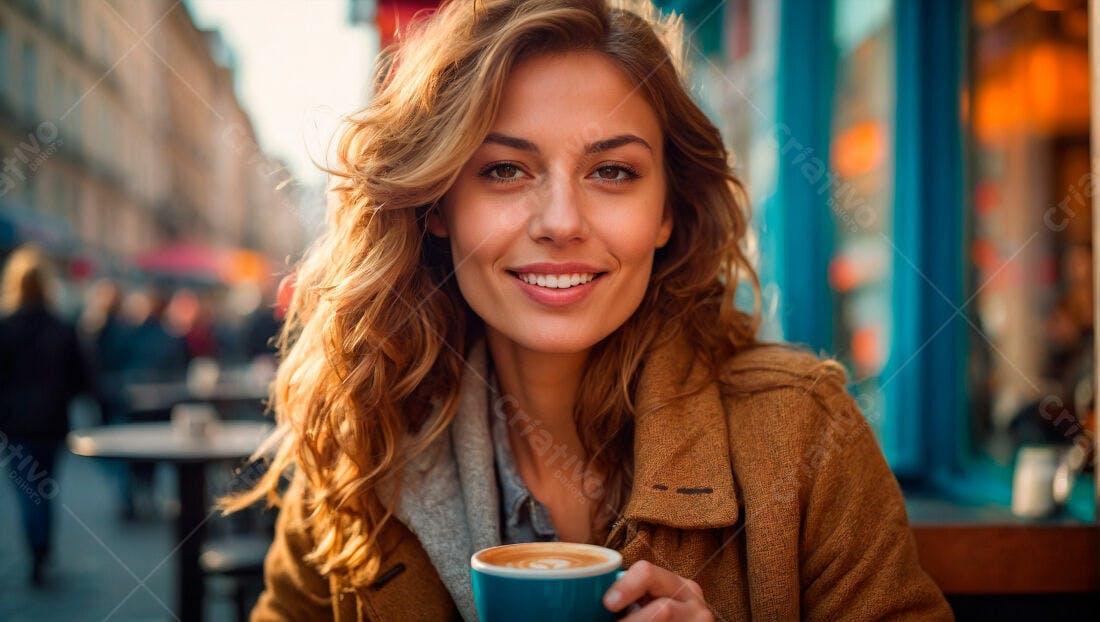 Mulher sorrindo com café em cafeteria