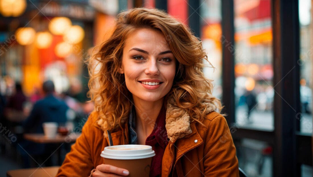 Mulher sorrindo com café em cafeteria
