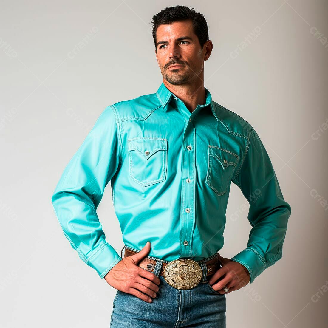 Modelo usando camisa turquesa estilo country