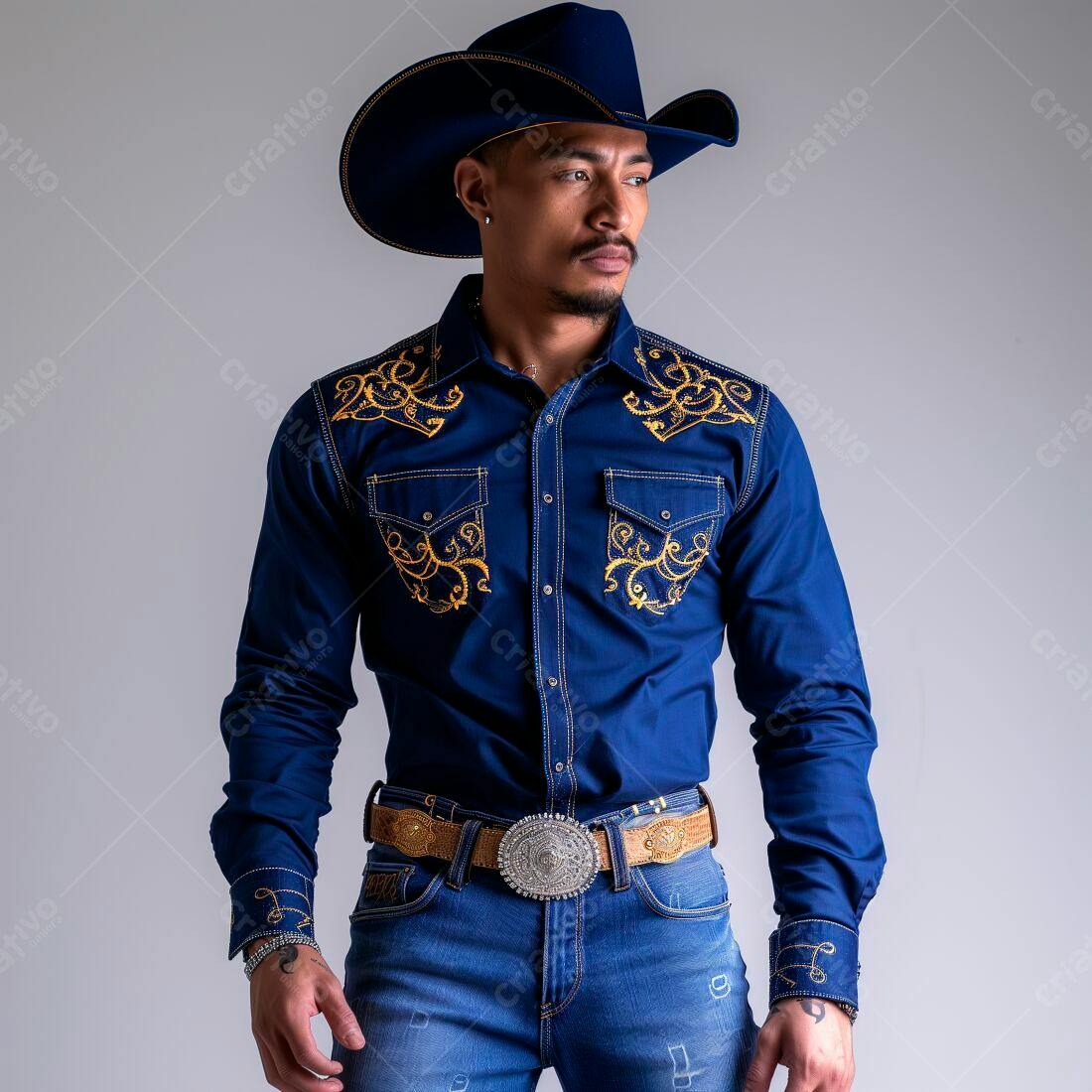 Modelo vestindo camisa jeans azul com bordados