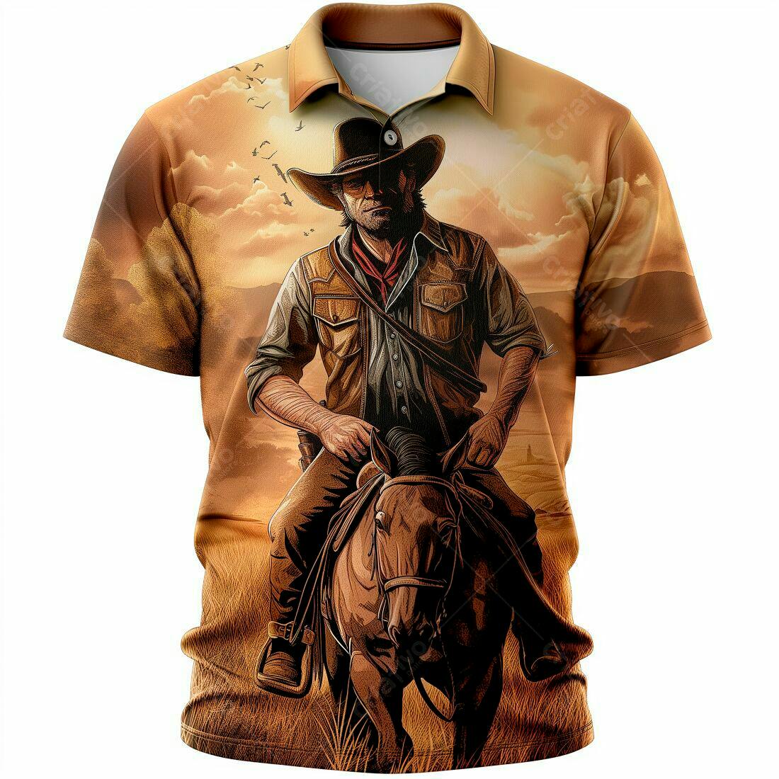 Cowboy montando cavalo ao pôr do sol