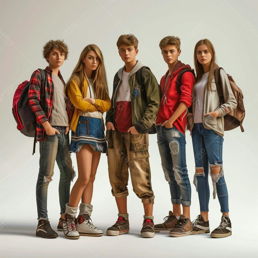 Adolescentes estilosos com mochilas fundo neutro