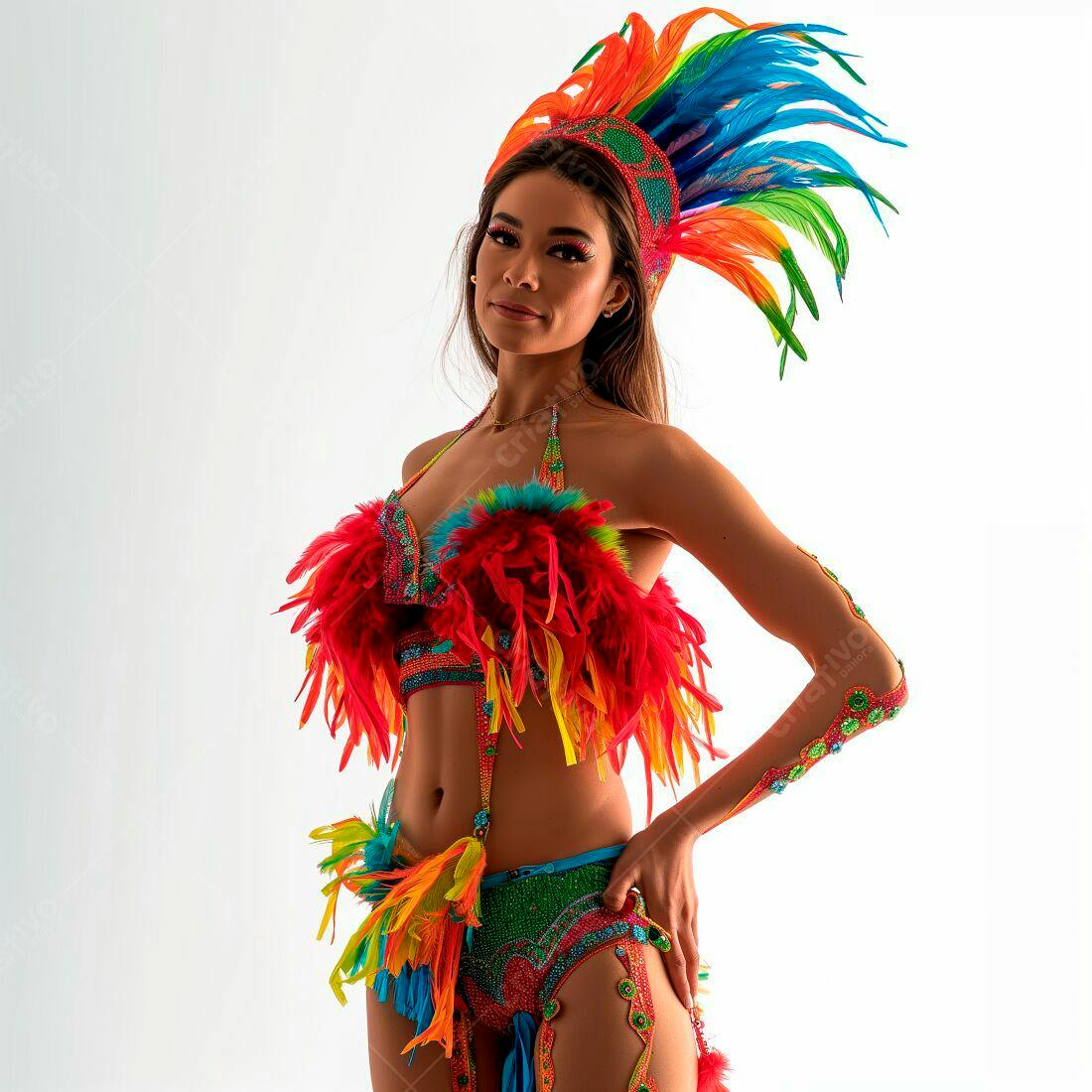 Modelo com fantasia de carnaval colorida
