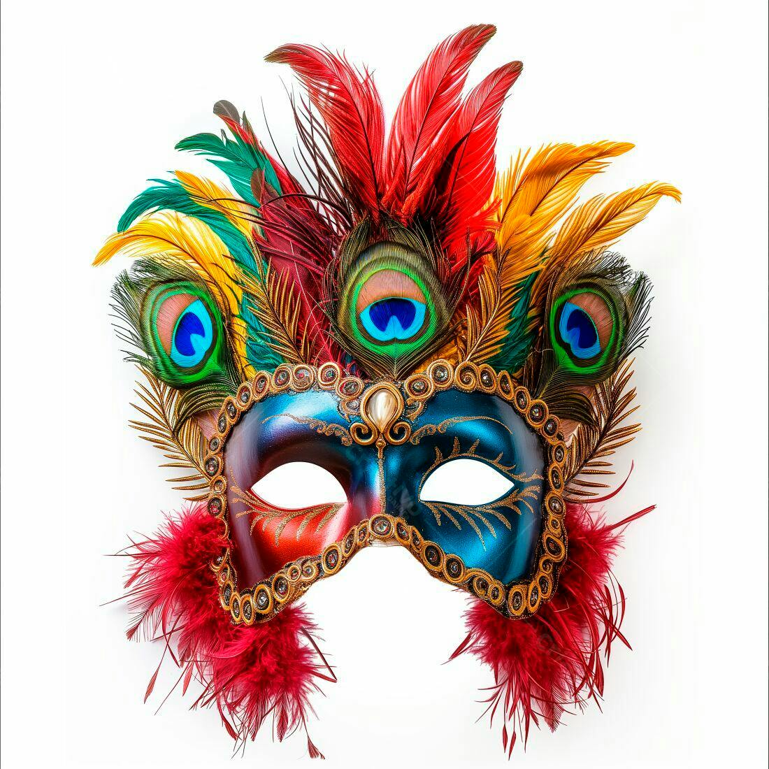 Máscara de Carnaval colorida com penas
