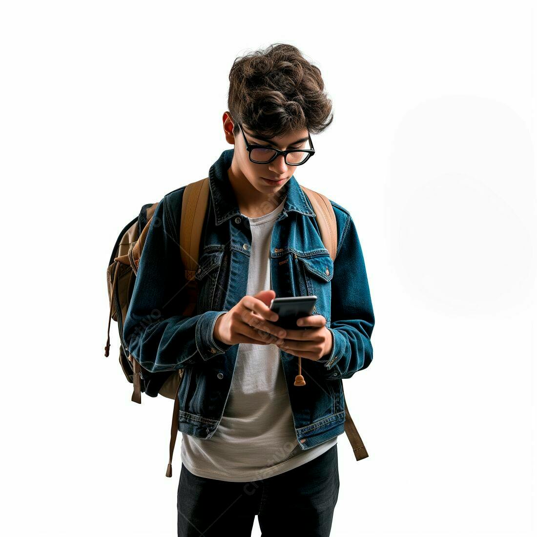 Adolescente usando celular com mochila