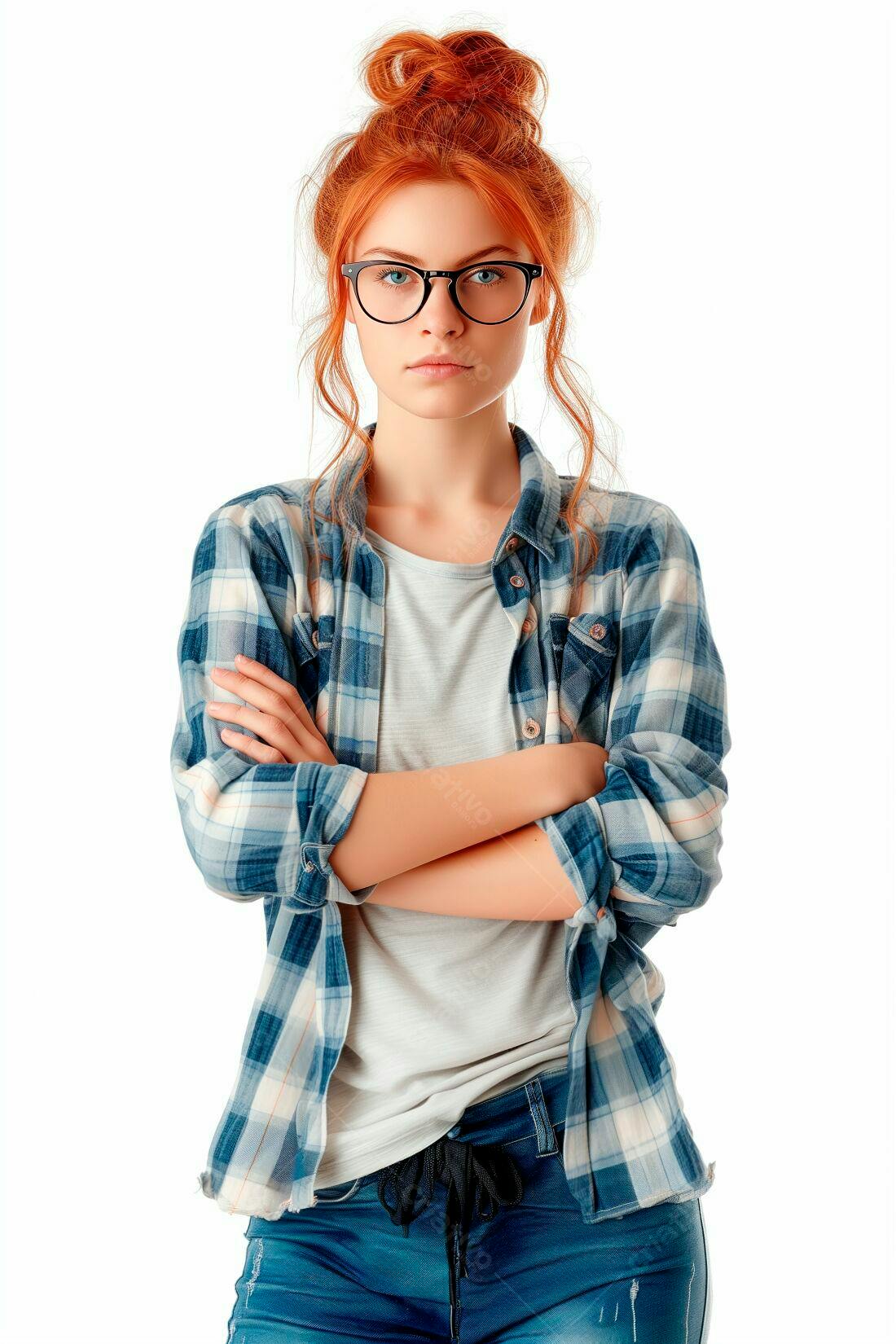 Mulher ruiva com óculos de braços cruzados