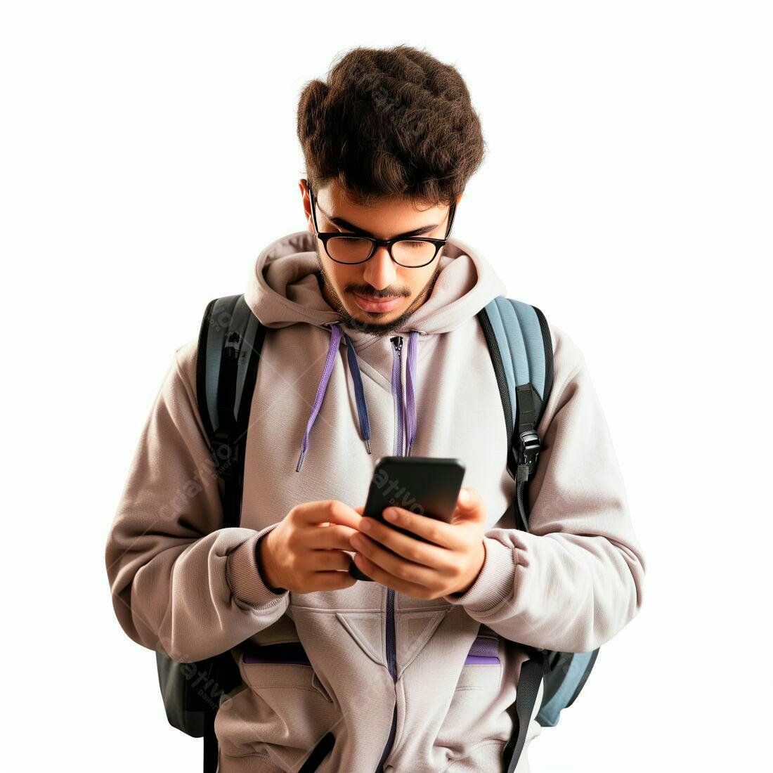 Homem usando celular mochila fundo branco