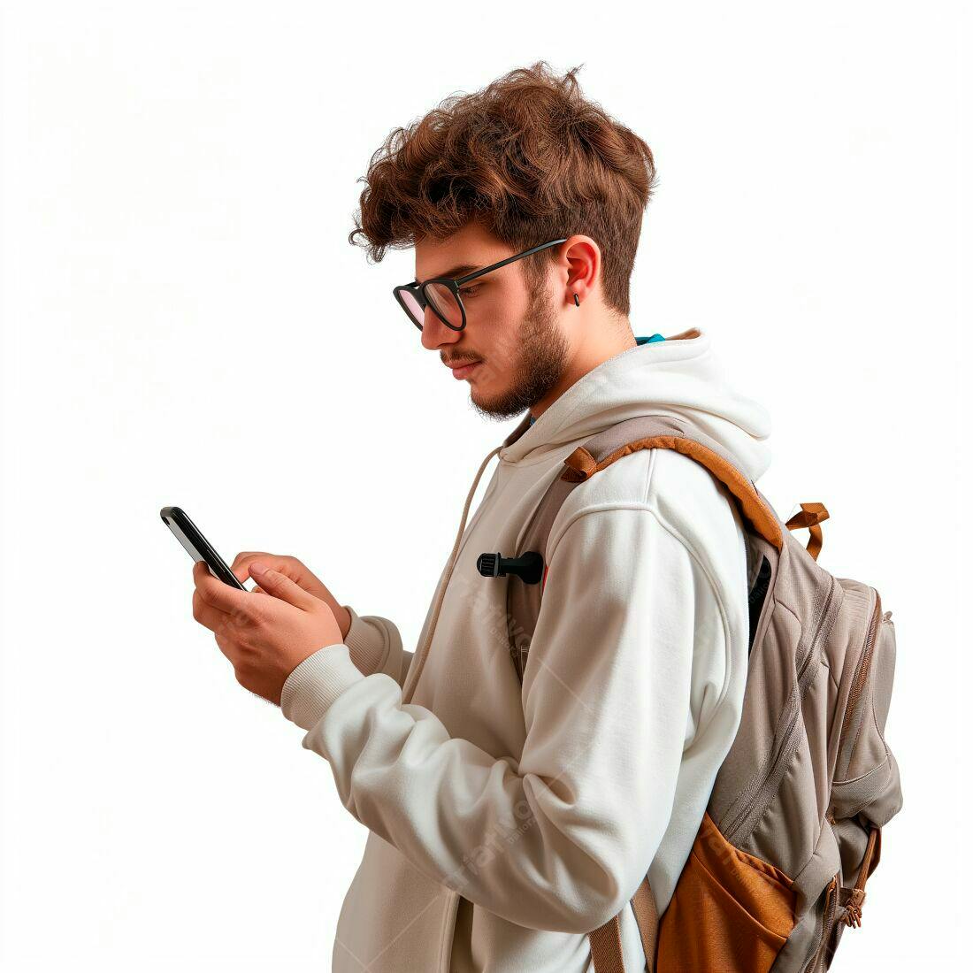 Homem jovem usando celular com mochila