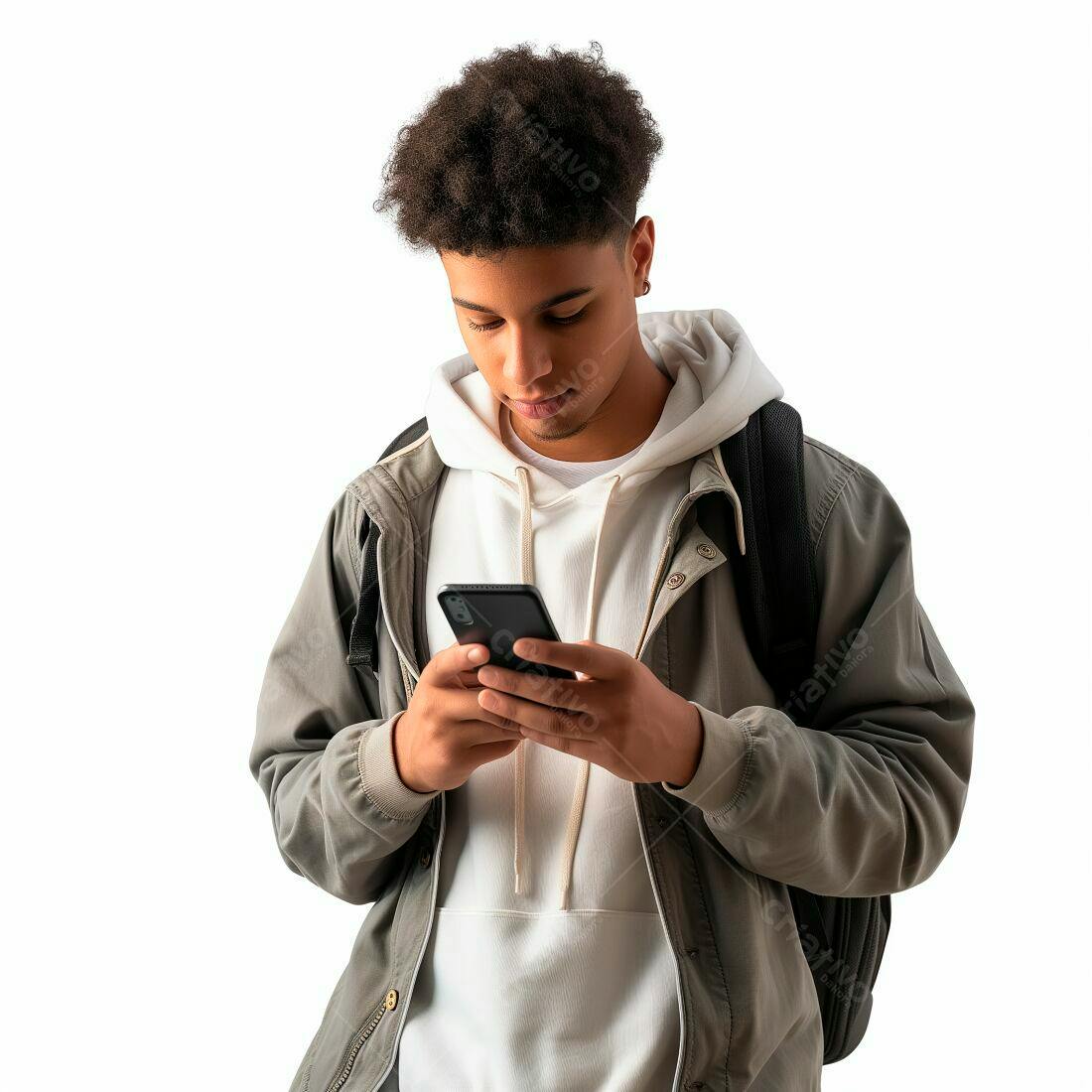 Jovem usando smartphone fundo branco