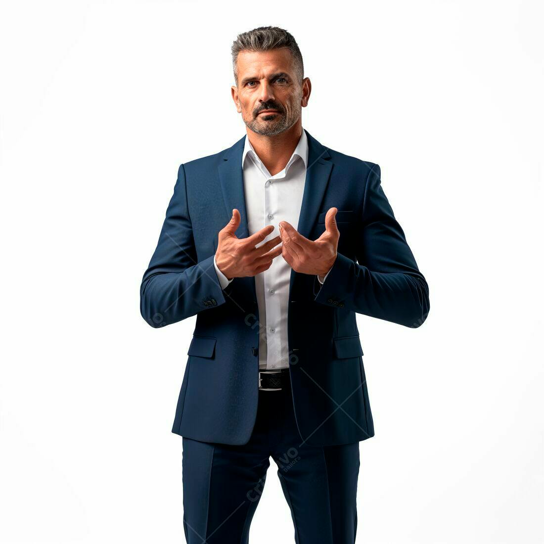 Homem de negócios em terno azul gesticulando