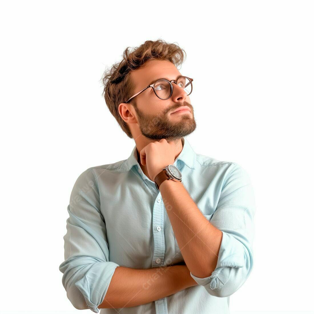 Homem barbudo pensativo camisa azul claro