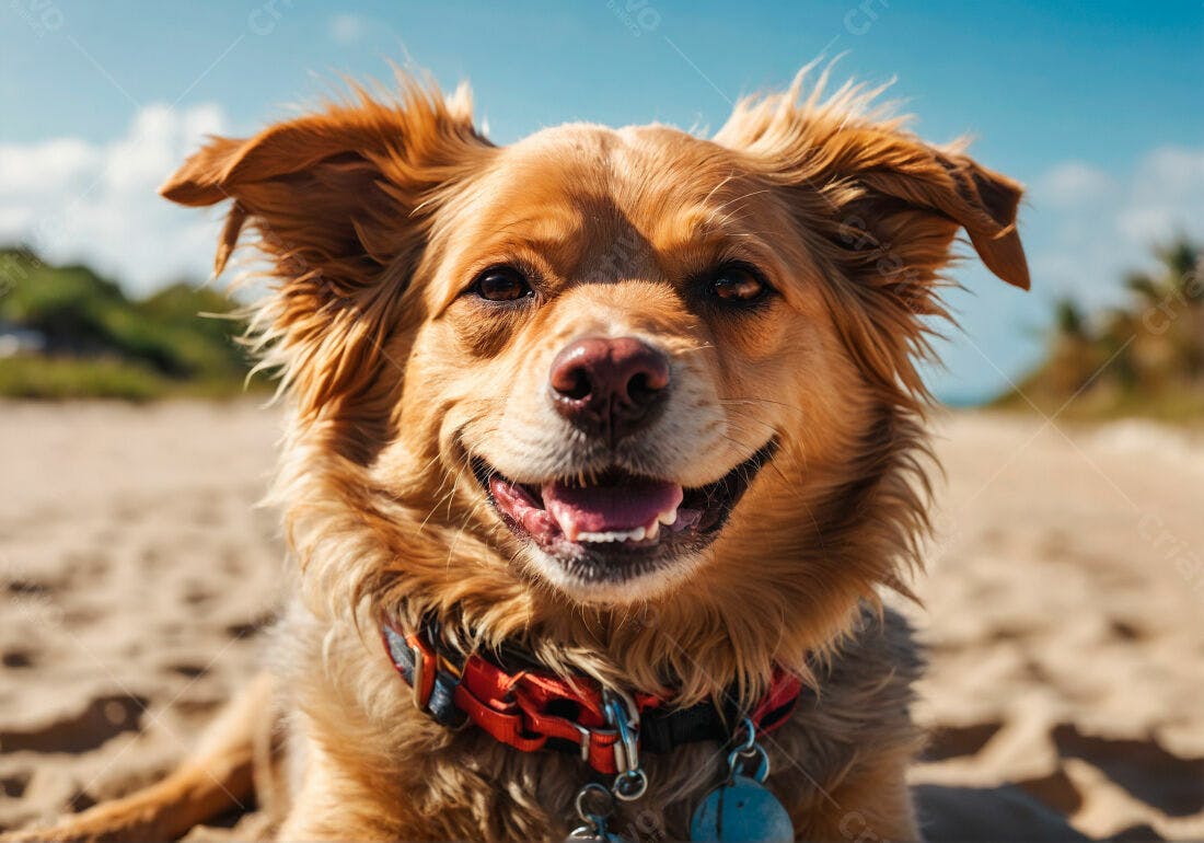 Cachorro feliz na praia dia ensolarado