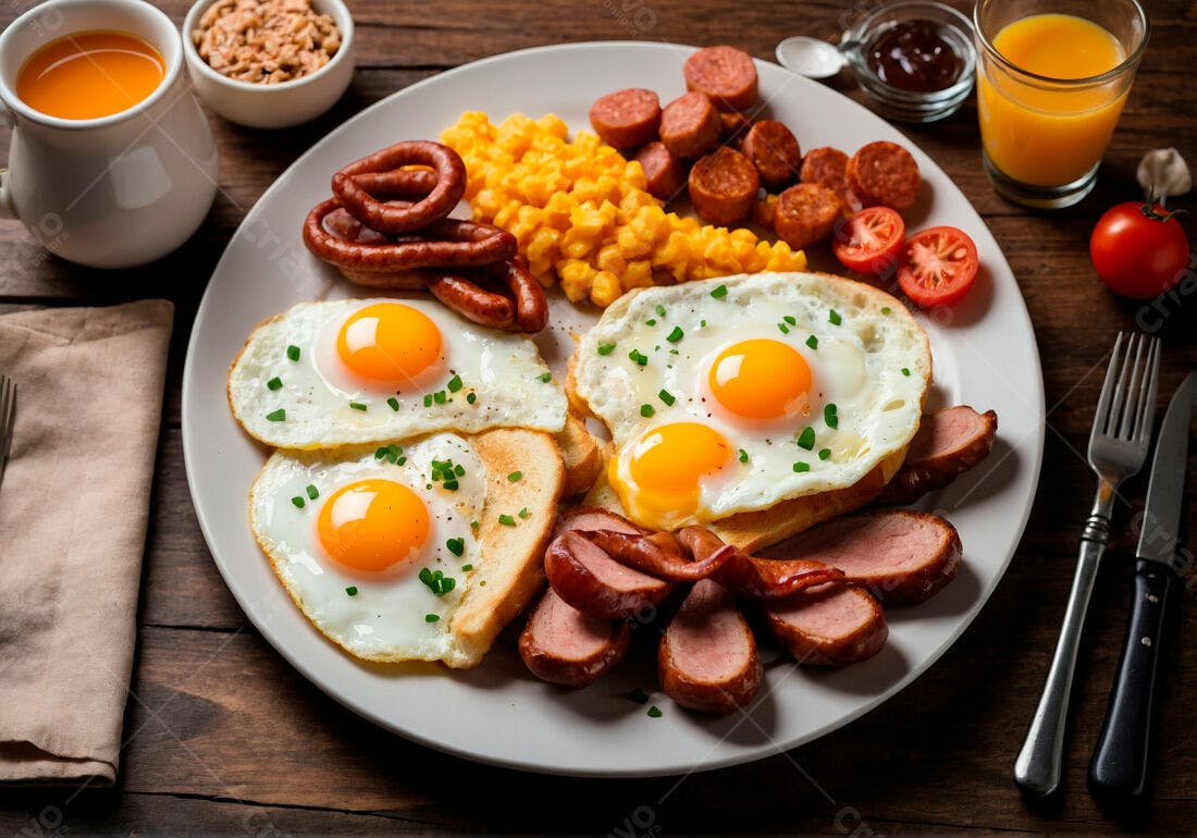 Café da manhã completo com ovos, salsichas e torradas