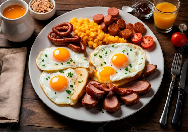 Café da manhã ovos linguiças suco sobre mesa de madeira