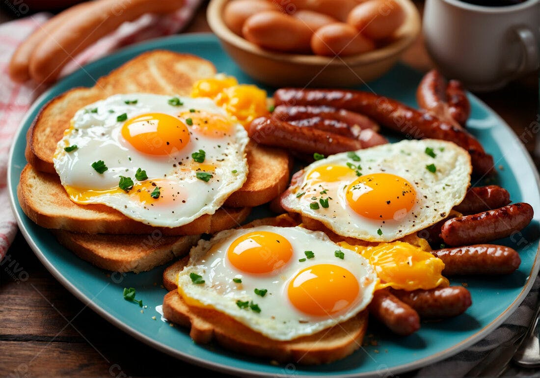 Café da manhã com ovos, torradas e salsichas