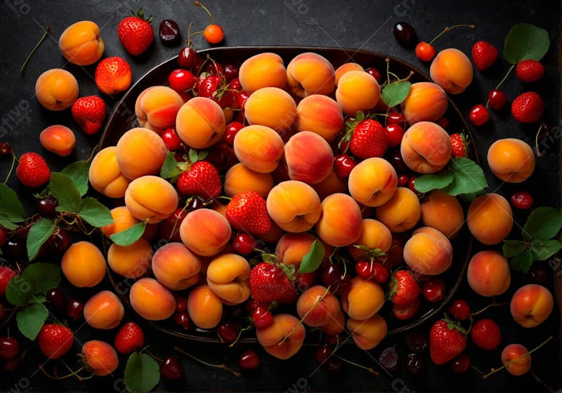 Damasco morangos e cerejas sobre mesa