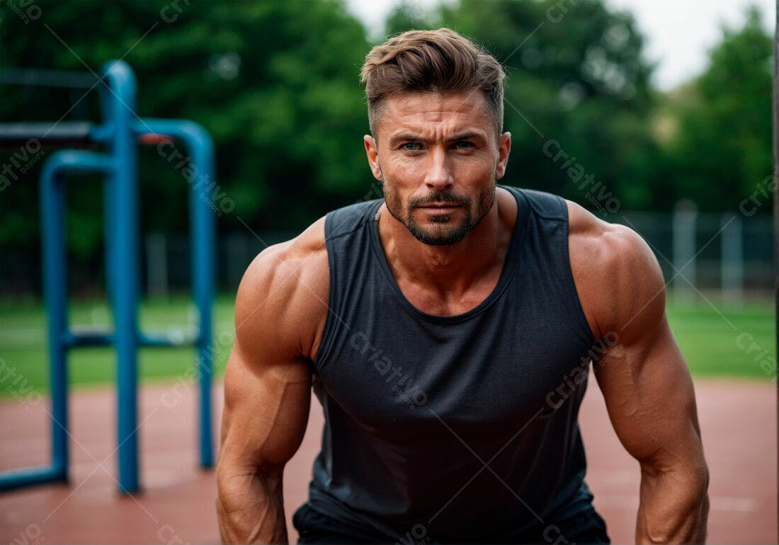 Fisiculturista forte em treino ao ar livre