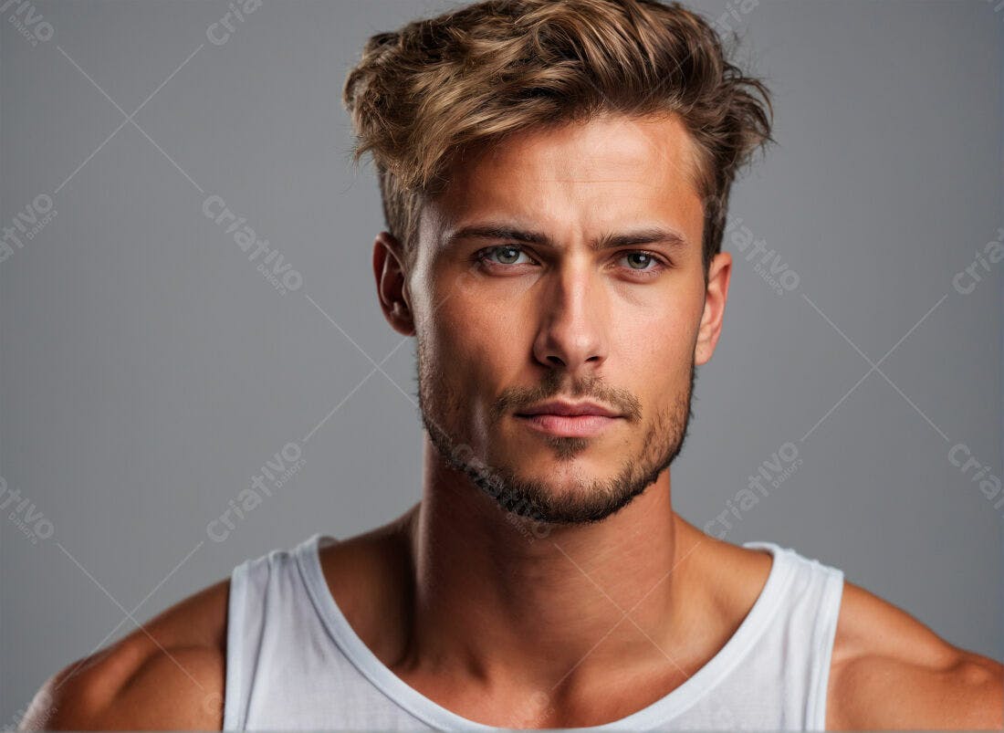 Homem loiro com barba usando regata branca