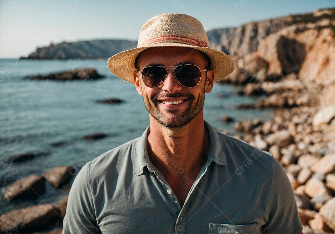 Homem sorrindo praia chapéu sol óculos