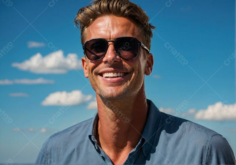Homem com óculos de sol sobre céu azul ensolarado