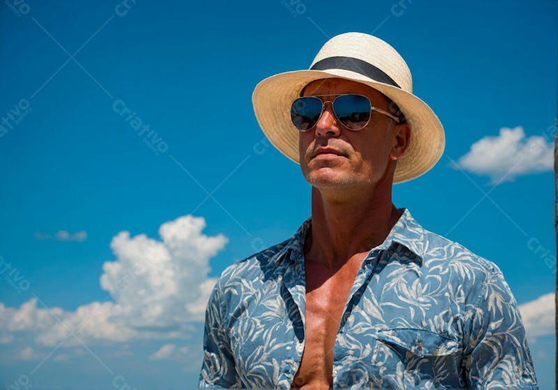 Homem com roupa de praia e óculos de sol dia ensolarado