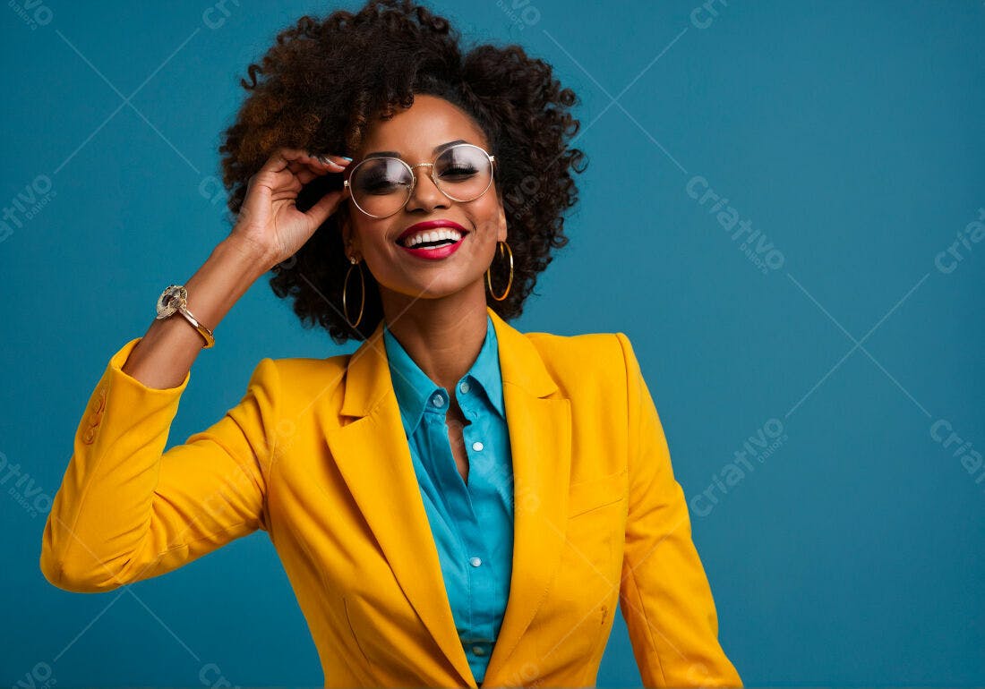Mulher negra sorridente em blazer amarelo