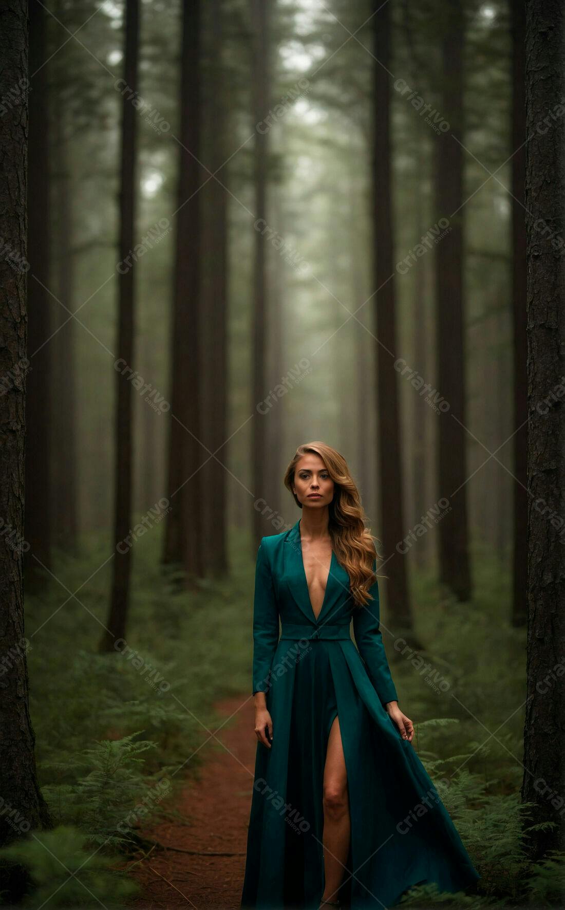 Modelo em vestido verde esmeralda em floresta