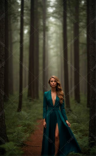 Mulher de vestido verde na floresta
