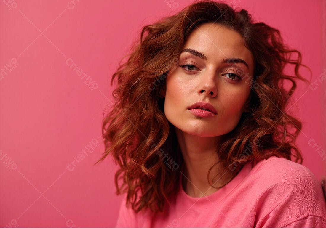Mulher com cabelo cacheado fundo rosa